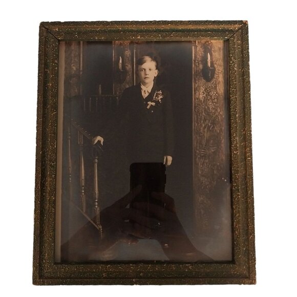 Antique Victorian Frame with Boy In Suit On Staircase Photograph Portrait - Picture 1 of 8